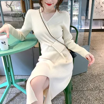 Iarna Elegante Tricotate Femei Rochie Casual Cu Maneci Lungi V-Neck Pulover Office Rochie De Sex Feminin 2020 Subțire Sexy O Singură Bucată Rochie Coreeană