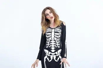 MISSKY Femei Rochie Halloween Fantoma Schelet Zombie Lung Rochie pentru bal Mascat sau Etapă Arată Costum Pentru Femei