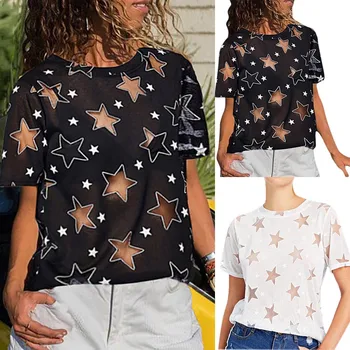 JAYCOSIN Femei T Shirt 2019 moda Casual Imprimat Gât Rotund Gol Afară se Vedea Prin T-Shirt Femei de Îmbrăcăminte de sex feminin cămașă Femei