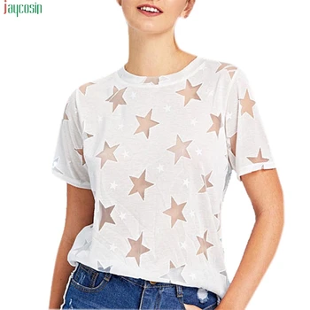 JAYCOSIN Femei T Shirt 2019 moda Casual Imprimat Gât Rotund Gol Afară se Vedea Prin T-Shirt Femei de Îmbrăcăminte de sex feminin cămașă Femei