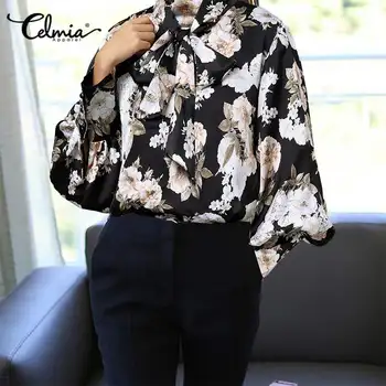 Celmia Plus Dimensiune Bluze Din Satin Femei De Moda Lantern Maneca Papion Elegant Office Camasi Vintage Flower Print Casual Slik Topuri
