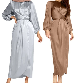 Femeile Musulmane Arabe Satin Puff Maneca Lunga Rochie Maxi Solid Cruce Folie Fata Auto-Cravată Talie Abaya Dubai Turcia Hijab Halat De Caftan