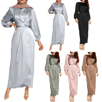 Femeile Musulmane Arabe Satin Puff Maneca Lunga Rochie Maxi Solid Cruce Folie Fata Auto-Cravată Talie Abaya Dubai Turcia Hijab Halat De Caftan