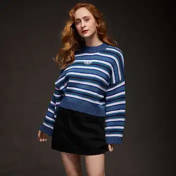 2020 primăvara anului nou pulover femei top clasic pulover albastru Vintage bandă largă broderie maneca rotund gat pulover femei albastru