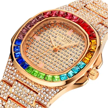 Fierbinte Bărbați Femei Ceas De Aur Curcubeu Diamante De Gheață Afară Ceasuri Din Oțel Inoxidabil Cuarț Auto-Data Masculin Feminin Cadou Ceas De Mână Ceas