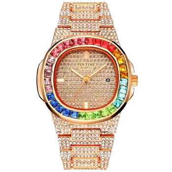 Fierbinte Bărbați Femei Ceas De Aur Curcubeu Diamante De Gheață Afară Ceasuri Din Oțel Inoxidabil Cuarț Auto-Data Masculin Feminin Cadou Ceas De Mână Ceas