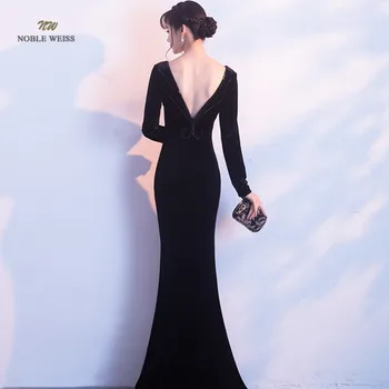 Rochii de seara 2019 sexy v-neck sirena mâneci lungi cu spatele gol ștrasuri din mărgele femei rochie formale etaj lungime în stoc rochie de seara