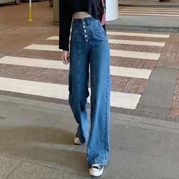 2020 Moda de primăvară Solidă Talie Înaltă Butonul Denim Blugi Largi Picior Femei Casual vintage Jeans Lift Fund Pantaloni de toamna