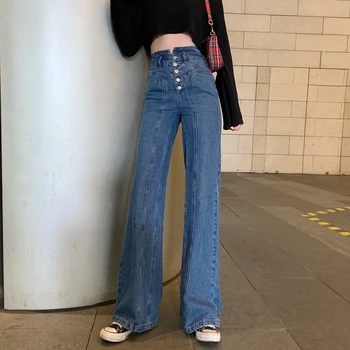 2020 Moda de primăvară Solidă Talie Înaltă Butonul Denim Blugi Largi Picior Femei Casual vintage Jeans Lift Fund Pantaloni de toamna