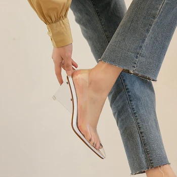 De Vară 2020 Nou Clar PVC Transparent Pompe de Sandale Plexiglas Tocul Tocuri Înalte Punctul Degetele de la picioare de Femei Pantofi de Partid Club de noapte, Pompa de 34-41