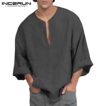 INCERUN Mens cu Maneci Lungi T-Shirt Deep V-Neck Vintage Liber Casual Culoare Solidă Tee Topuri Tunica Camiseta 2021 Masculin Tricouri S-5XL