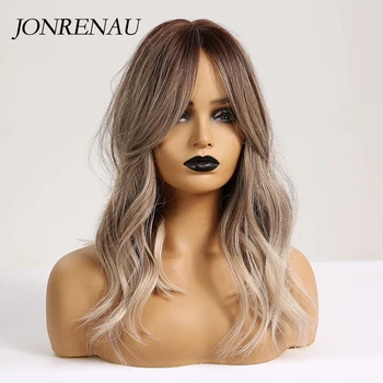 JONRENAU 16 Inch Sintetic Blond Platinat Par Natural Lung Val Ombre Maro Culoare Mixt Petrecere Peruci pentru Alb/Negru pentru Femei