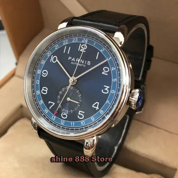 Noi Parnis 42mm caz de argint cadran albastru GMT arabe marca data fereastră curea din piele mens top de agrement automat mechanical ceas 18250