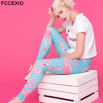 FCCEXIO Noi 2019 Înaltă Calitate Femei Legging Flamingo Puncte Kolor de Imprimare de Fitness Subțire Jambiere de Moda de Înaltă Talie Pantaloni Femeie 1832