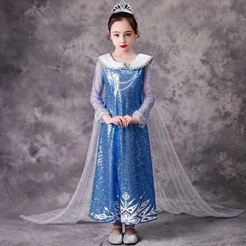 Elsa Rochie Nouă Pentru Fete Fulg de nea Imprimare gradient Albastru Sequin Rochii Snow Queen 2 Dantelă Rochie de Bal Copii Petrecere de Halloween Costume