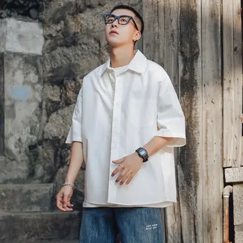 Vara Hong Kong tendință sălbatice culoare pură tricou barbati versiunea coreeană liber tendință de mijloc cămașă cu mânecă sacou casual sex masculin