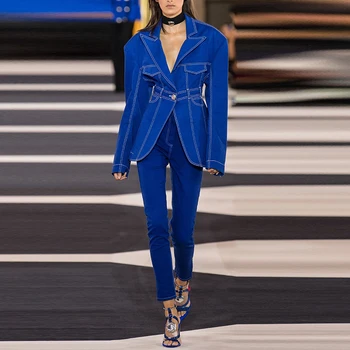 De ÎNALTĂ CALITATE 2020 cel mai Nou Designer de Moda Pistei Jacheta Femei foarte de Sus de Umăr Cusaturi de Contrast Singur Buton Sacou Denim