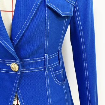 De ÎNALTĂ CALITATE 2020 cel mai Nou Designer de Moda Pistei Jacheta Femei foarte de Sus de Umăr Cusaturi de Contrast Singur Buton Sacou Denim