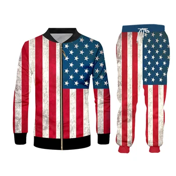 UJWI 2019 Noutate Harajuku 3d Steagul American Costum Stele Dungi de Imprimare Pantaloni Și ZIP hoodie 2 Bucata Set Barbati/femei Jogger