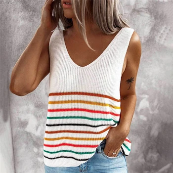 2020 Noi De Vara Femei Cu Dungi Slim Bretele Topuri Rezervor Plaja Doamnelor Fără Mâneci Vesta Tricotate T-Shirt Bluza Vesta Femei De Vara