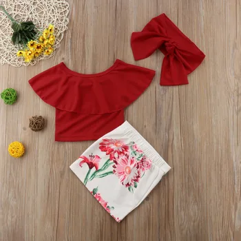2018 Brand Nou Vara Copilul Fete pentru Copii Seturi de Pe Umăr Volane Roșu T-Shirt de Imprimare Florale, Fuste Creion, Bandă 3PCS 1-6M 18745