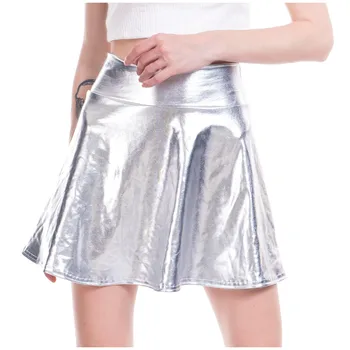 Cutat a-Line Fusta Mini Femei Casual Fashion Metalic Strălucitor Evazate Fuste pentru Femei Faux din Piele Plisata Fusta pentru fete 2020