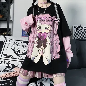 Gotic sus Harajuku oversezed t-shirt roz Dragoste fata maneci Scurte Japoneze de-al Doilea element Anime haine drăguț y2k naruto tee
