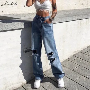 Macheda 2019 Nou de Talie Mare Moda pentru Femei Vrac Distrus Gaura Denim Colector Pantaloni Casual Vintage Blugi Largi Picior Pantaloni
