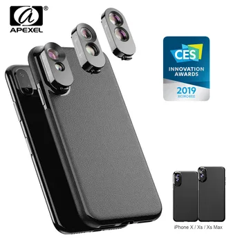 APEXEL 3 in 1 Dual Obiectiv Macro Set Caz Unghi Larg Teleobiectiv Obiectiv Fisheye Cu Piele PU Caz Telefon Kit Pentru iPhone X,XS,XS Max