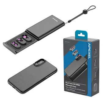 APEXEL 3 in 1 Dual Obiectiv Macro Set Caz Unghi Larg Teleobiectiv Obiectiv Fisheye Cu Piele PU Caz Telefon Kit Pentru iPhone X,XS,XS Max