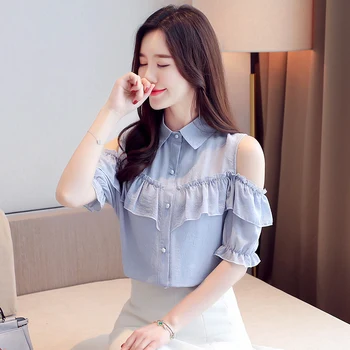De Vară 2020 Nou Coreean Pierde-Fit Maneca Scurta Șifon Bluza Femei Cu Paiete, Volane Off-Umăr Topuri De Moda Topuri De Vara 9614