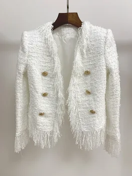 Pista două bucata set femei de Lux de Aur butonul Scurt Sacou de Tweed +Ciucure Creion Fusta Costum Set de haine pentru femei-tweed set