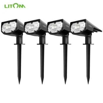 4 Pack LITOM 12 LED-uri Solare de Gradina Lumina Modernizate IP67 rezistent la apa Lampă în aer liber, 2 Moduri de Iluminare 2-în-1 Reglabil Spoturi Solare