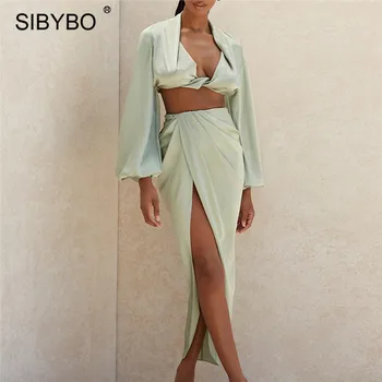 SIBYBO Matasos de Satin Moda Seturi de Potrivire Femei Toamnă Două Bucata Set Manșon de Puf de Sus și Neregulate Fuste 2020 Sexy Tinute de Petrecere