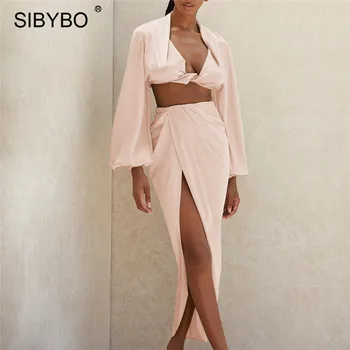 SIBYBO Matasos de Satin Moda Seturi de Potrivire Femei Toamnă Două Bucata Set Manșon de Puf de Sus și Neregulate Fuste 2020 Sexy Tinute de Petrecere