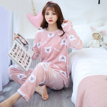 Seturi de pijama Femei, cu Maneci Lungi de Iarnă 2XL Flanel Cald Pijamale Imprimate coreeană Stil Elegant Dulce Gros Femei Pijamale Chic