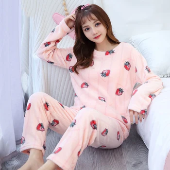 Seturi de pijama Femei, cu Maneci Lungi de Iarnă 2XL Flanel Cald Pijamale Imprimate coreeană Stil Elegant Dulce Gros Femei Pijamale Chic