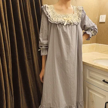 Primavara Toamna Vintage din Bumbac Femei Lungă Cămăși de noapte Princess Broderie Dantelă Pijamale Elegante, Feminine Rochie de Noapte