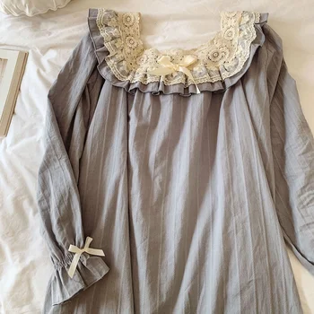 Primavara Toamna Vintage din Bumbac Femei Lungă Cămăși de noapte Princess Broderie Dantelă Pijamale Elegante, Feminine Rochie de Noapte