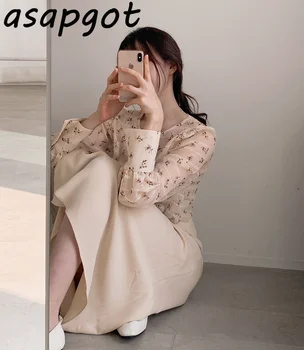 Asapgot Coreea Vintage Chic Proaspăt Dulce O De Gât Florale Imprimate Puff Maneca Lunga Tricouri Femei Simple, Fusta Cu Talie Inalta Seturi De Prerie