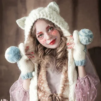 BomHCS Drăguț Urechi De Pisică Căciulă Fular & Mănuși Lucrate Manual Cald Iarna Capace Groase Tricotate Pălărie Cadou De Crăciun