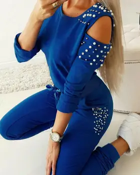 2020 Femei De Moda Elegant Casual Cu Margele Albastre De Toamna Cu Margele Maneca Lunga Top Set De Pantaloni Impodobita Rece, Umăr De Sus Și Pantaloni Set