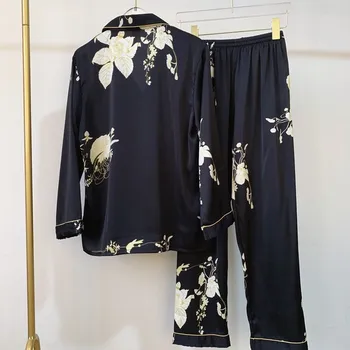 Negru 2020 Femei Elegante Set Pijama Satin de Matase Sleepwear Primavara-Vara cu Maneci Lungi Pantaloni de Costum din Două piese de Acasă Purta Pijama Femme