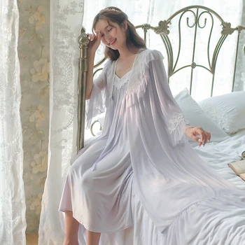 2021 Noi Femei Maneca Lunga Două Piese Set De Cămașă De Noapte Palat Vintage Rochie Ultra Moale Zână Cămașă De Noapte Pentru Primavara Toamna Sleepwear