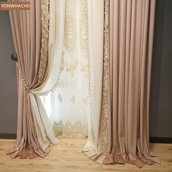 Personalizate perdele franceză de lux lumina roz murdar dormitor catifea de culoare solidă villa pânză opace cortina valance tul panou C076