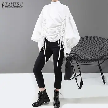2021 Petrecere de Primavara Tricou ZANZEA Femei Solid Ridicat Scăzut Bluza de Moda Cordon Tunica Bluze Lungi Casual Manșon de Puf Blusa Plus Dimensiune 2103