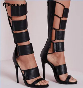 De înaltă Calitate de Moda pentru Femei Nou Design de la Jumătatea vițel Cizme Gladiator sandale decupate Negre Toc Înalt, Sandale, Cizme Transport Gratuit
