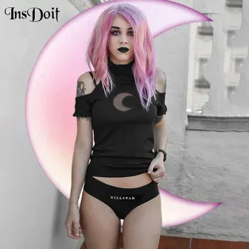 InsDoit Sexy Ochiurilor De Plasă De Formă Luna Tubulare Gotic Tricou Negru Punk Halter De Pe Umăr Tricou Femei Skinny Maneca Scurta Tricou