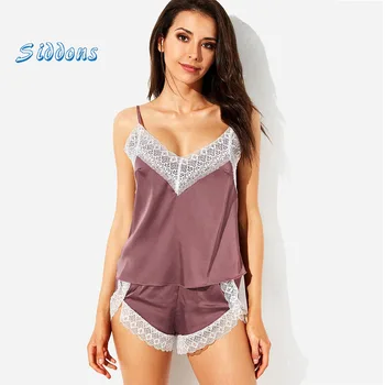 SIDDONS Sleepwear Sexy Femei din Satin Alb Lace V-Neck Pijama Femme Vara cămașă de noapte 2 Bucata Set pentru Femei îmbrăcăminte de noapte de Dantelă Lenjerie de corp 22351
