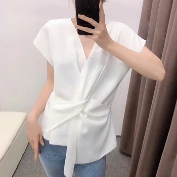Noi 2020 de moda pentru femei v-neck negru alb culoare front înnodate bluza office lady neregulate tricouri chic pur și simplu blusas topuri LS6701